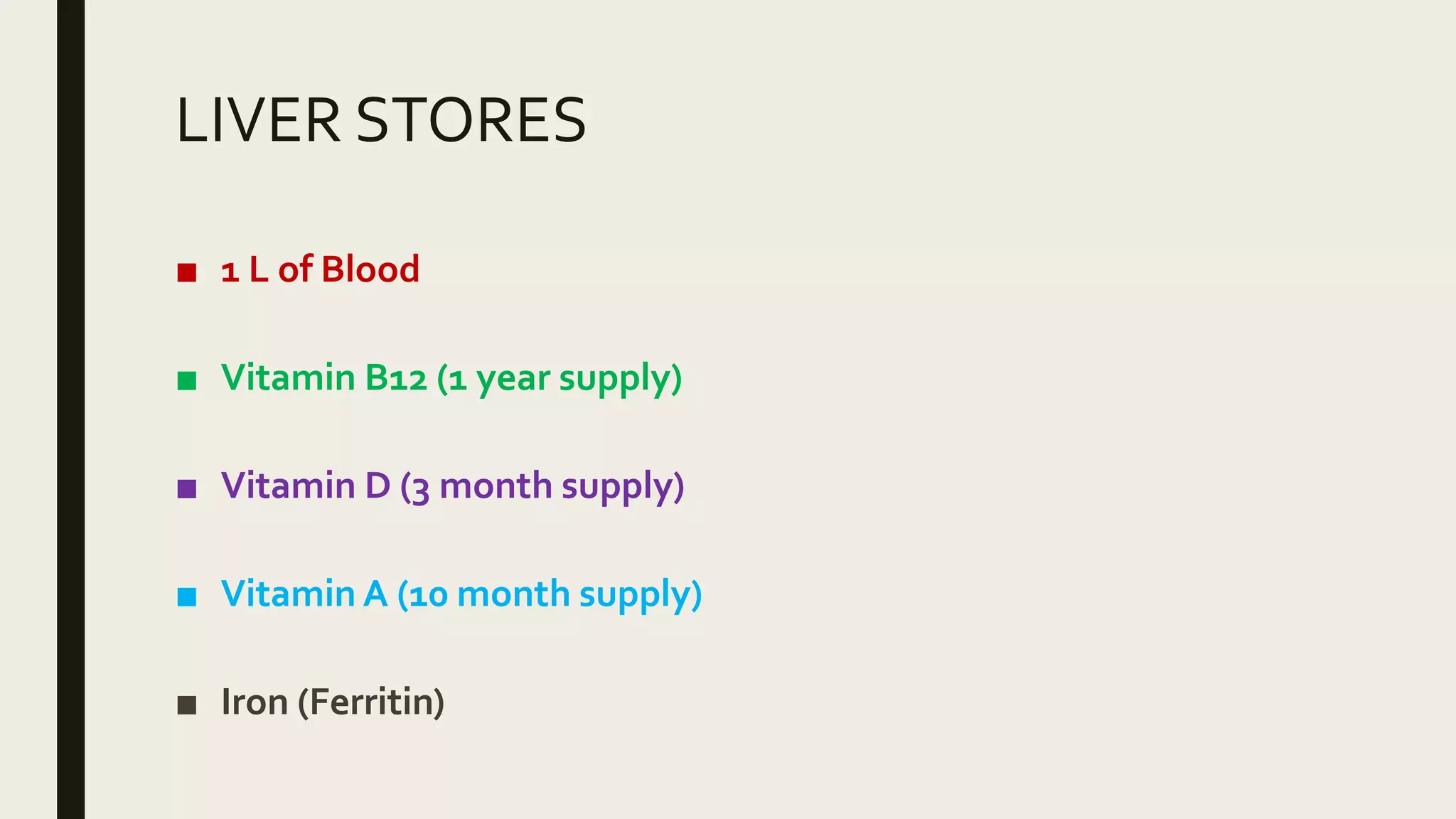 LIVER STORES
■ 1 L of Blood
■ Vitamin B12 (1 year supply)
■ Vitamin D (3 month supply)
■ Vitamin A (10 month supply)
■ Iron (Ferritin)
 