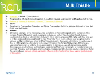 Milk Thistle

   Molecules. 2011 Oct 12;16(10):8601-13.
   The protective effects of silymarin against doxorubicin-induced cardiotoxicity and hepatotoxicity in rats.
   Rašković A, Stilinović N, Kolarović J, Vasović V, Vukmirović S, Mikov M.
   Source
   Department of Pharmacology, Toxicology and Clinical Pharmacology, School of Medicine, University of Novi Sad,
    21000 Novi Sad, Serbia.
   Abstract
   Silymarin is a complex of five major compounds, and silibinin is the most biologically active component of the
    complex. The aim of this study was to investigate, evaluate and confirm the potential cardioprotective and
    hepatoprotective effects of administration of silymarin, rich in silibinin, at a dose of 60 mg/kg orally for a time-span
    of 12 days on doxorubicin induced toxicity in male Wistar rats. The in vivo model was used to explore whether
    silymarin could prevent damage of liver and heart tissue induced by doxorubicin administered every other day at
    dose of 1.66 mg/kg intraperitoneally for twelve days. In the study the change of body weight, ECG changes,
    biochemical parameters of oxidative stress, serum activity of alanine and aspartate transaminase, lactate
    dehydrogenase, creatine kinase and histological preparations of heart and liver samples of treated animals were
    examined. According to physiological, pharmacological, microscopic and biochemical results, we confirmed that at
    the examined dose, silymarin exhibits a protective influence on the heart and liver tissue against toxicity induced
    by doxorubicin.




12/7/2012                                                                                                                11
 