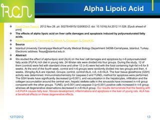 Alpha Lipoic Acid

   Food Chem Toxicol. 2012 Nov 28. pii: S0278-6915(12)00833-2. doi: 10.1016/j.fct.2012.11.026. [Epub ahead of
    print]
   The effects of alpha lipoic acid on liver cells damages and apoptosis induced by polyunsaturated fatty
    acids.
   Kaya-Dagistanli F, Tanriverdi G, Altinok A, Ozyazgan S, Ozturk M.
   Source
   Istanbul University Cerrahpaşa Medical Faculty Medical Biology Department 34098-Cerrahpasa, Istanbul, Turkey.
    Electronic address: fkaya@istanbul.edu.tr.
   Abstract
   We studied the effect of alpha-lipoic acid (ALA) on the liver cell damages and apoptosis by n-6 polyunsaturated
    fatty acids (PUFA) rich diet in young rats. 24 Wistar rats were divided into four groups. During the study, 12 of
    them (control) were fed with standard chow and other 12 (n-6) were fed with the food containing high-fat n-6 for 8
    weeks. At the end of the fourth week, control and n-6 groups were randomly divided into two groups and then, 4
    weeks, 35mg/kg ALA are injected. Groups; control, control+ALA, n-6, n-6+ALA. The liver tissue glutathione (GSH)
    activity was determined. Immunohistochemistry for caspase-3 and TUNEL method for apoptosis were performed.
    The GSH levels have significantly decreased (p<0,001), and vacuolization in the hepatocytes, infiltration and the
    collagen accumulation around the central vein, hepatic stellate cells in the sinusoids have increased in n-6 group
    compared with the other groups. TUNEL (p<0,001) and caspase-3 (p<0,001) positive cells increased in n-6 group
    whereas all degenerative observations decreased in n-6+ALA group. Our results demonstrate that the feeding with
    n-6 PUFA causes fatty liver, fibrosis development, inflammations and apoptosis in the liver of young rats. ALA has
    a beneficial effects on these degenerative effects.




12/7/2012                                                                                                          13
 