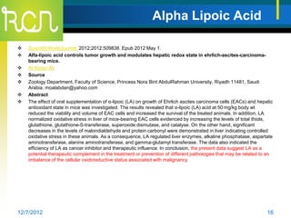 Alpha Lipoic Acid

   ScientificWorldJournal. 2012;2012:509838. Epub 2012 May 1.
   Alfa-lipoic acid controls tumor growth and modulates hepatic redox state in ehrlich-ascites-carcinoma-
    bearing mice.
   Al Abdan M.
   Source
   Zoology Department, Faculty of Science, Princess Nora Bint AbdulRahman University, Riyadh 11481, Saudi
    Arabia. moalabdan@yahoo.com
   Abstract
   The effect of oral supplementation of α-lipoic (LA) on growth of Ehrlich ascites carcinoma cells (EACs) and hepatic
    antioxidant state in mice was investigated. The results revealed that α-lipoic (LA) acid at 50 mg/kg body wt
    reduced the viability and volume of EAC cells and increased the survival of the treated animals. In addition, LA
    normalized oxidative stress in liver of mice-bearing EAC cells evidenced by increasing the levels of total thiols,
    glutathione, glutathione-S-transferase, superoxide dismutase, and catalyse. On the other hand, significant
    decreases in the levels of malondialdehyde and protein carbonyl were demonstrated in liver indicating controlled
    oxidative stress in these animals. As a consequence, LA regulated liver enzymes, alkaline phosphatase, aspartate
    aminotransferase, alanine aminotransferase, and gamma-glutamyl transferase. The data also indicated the
    efficiency of LA as cancer inhibitor and therapeutic influence. In conclusion, the present data suggest LA as a
    potential therapeutic complement in the treatment or prevention of different pathologies that may be related to an
    imbalance of the cellular oxidoreductive status associated with malignancy




12/7/2012                                                                                                           16
 