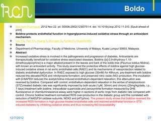 Boldo

   Biochem Pharmacol. 2012 Nov 22. pii: S0006-2952(12)00751-4. doi: 10.1016/j.bcp.2012.11.010. [Epub ahead of
    print]
   Boldine protects endothelial function in hyperglycemia-induced oxidative stress through an antioxidant
    mechanism.
   Lau YS, Tian XY, Huang Y, Murugan D, Achike FI, Mustafa MR.
   Source
   Department of Pharmacology, Faculty of Medicine, University of Malaya, Kuala Lumpur 50603, Malaysia.
   Abstract
   Increased oxidative stress is involved in the pathogenesis and progression of diabetes. Antioxidants are
    therapeutically beneficial for oxidative stress-associated diseases. Boldine ([s]-2,9-dihydroxy-1,10-
    dimethoxyaporphine) is a major alkaloid present in the leaves and bark of the boldo tree (Peumus boldus Molina),
    with known an antioxidant activity. This study examined the protective effects of boldine against high glucose-
    induced oxidative stress in rat aortic endothelial cells (RAEC) and its mechanisms of vasoprotection related to
    diabetic endothelial dysfunction. In RAEC exposed to high glucose (30mM) for 48hours, pre-treatment with boldine
    reduced the elevated ROS and nitrotyrosine formation, and preserved nitric oxide (NO) production. Pre-incubation
    with β-NAPDH reduced the acetylcholine-induced endothelium-dependent relaxation; this attenuation was
    reversed by boldine. Compared with control, endothelium-dependent relaxation in the aortas of streptozotocin
    (STZ)-treated diabetic rats was significantly improved by both acute (1μM, 30min) and chronic (20mg/kg/daily, i.p.,
    7 days) treatment with boldine. Intracellular superoxide and peroxynitrite formation measured by DHE
    fluorescence or chemiluminescence assay were higher in sections of aortic rings from diabetic rats compared with
    control. Chronic boldine treatment normalized ROS over-production in the diabetic group and this correlated with
    reduction of NAD(P)H oxidase subunits, NOX2 and p47(phox). The present study shows that boldine reversed the
    increased ROS formation in high glucose-treated endothelial cells and restored endothelial function in STZ-
    induced diabetes by inhibiting oxidative stress and thus increasing NO bioavailability.



12/7/2012                                                                                                           27
 