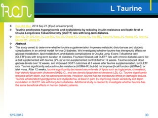 L Taurine

   Exp Mol Med. 2012 Sep 21. [Epub ahead of print]
   Taurine ameliorates hyperglycemia and dyslipidemia by reducing insulin resistance and leptin level in
    Otsuka Long-Evans Tokushima fatty (OLETF) rats with long-term diabetes.
   Kim KS, Oh DH, Kim JY, Lee BG, You JS, Chang KJ, Chung HJ, Yoo MC, Yang HI, Kang JH, Hwang YC, Ahn KJ,
    Chung HY, Jeong IK.
   Abstract
   This study aimed to determine whether taurine supplementation improves metabolic disturbances and diabetic
    complications in an animal model for type 2 diabetes. We investigated whether taurine has therapeutic effects on
    glucose metabolism, lipid metabolism, and diabetic complications in Otsuka Long- Evans Tokushima fatty
    (OLETF) rats with long-term duration of diabetes. Fourteen 50week-old OLETF rats with chronic diabetes were fed
    a diet supplemented with taurine (2%) or a non-supplemented control diet for 12 weeks. Taurine reduced blood
    glucose levels over 12 weeks, and improved OGTT outcomes at 6 weeks after taurine supplementation, in OLETF
    rats. Taurine significantly reduced insulin resistance (HOMA-IR) but did not improve β-cell function (HOMA-β) or
    islet mass. After 12 weeks, taurine significantly decreased serum levels of lipids such as triglyceride, cholesterol,
    high density lipoprotein cholesterol (HDL-C), and low density lipoprotein cholesterol (LDL-C). Taurine significantly
    reduced serum leptin, but not adiponectin levels. However, taurine had no therapeutic effect on damaged tissues.
    Taurine ameliorated hyperglycemia and dyslipidemia, at least in part, by improving insulin sensitivity and leptin
    modulation in OLETF rats with long-term diabetes. Additional study is needed to investigate whether taurine has
    the same beneficial effects in human diabetic patients.




12/7/2012                                                                                                             33
 