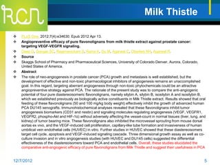 Milk Thistle

   PLoS One. 2012;7(4):e34630. Epub 2012 Apr 13.
   Angiopreventive efficacy of pure flavonolignans from milk thistle extract against prostate cancer:
    targeting VEGF-VEGFR signaling.
   Deep G, Gangar SC, Rajamanickam S, Raina K, Gu M, Agarwal C, Oberlies NH, Agarwal R.
   Source
   Skaggs School of Pharmacy and Pharmaceutical Sciences, University of Colorado Denver, Aurora, Colorado,
    United States of America.
   Abstract
   The role of neo-angiogenesis in prostate cancer (PCA) growth and metastasis is well established, but the
    development of effective and non-toxic pharmacological inhibitors of angiogenesis remains an unaccomplished
    goal. In this regard, targeting aberrant angiogenesis through non-toxic phytochemicals could be an attractive
    angiopreventive strategy against PCA. The rationale of the present study was to compare the anti-angiogenic
    potential of four pure diastereoisomeric flavonolignans, namely silybin A, silybin B, isosilybin A and isosilybin B,
    which we established previously as biologically active constituents in Milk Thistle extract. Results showed that oral
    feeding of these flavonolignans (50 and 100 mg/kg body weight) effectively inhibit the growth of advanced human
    PCA DU145 xenografts. Immunohistochemical analyses revealed that these flavonolignans inhibit tumor
    angiogenesis biomarkers (CD31 and nestin) and signaling molecules regulating angiogenesis (VEGF, VEGFR1,
    VEGFR2, phospho-Akt and HIF-1α) without adversely affecting the vessel-count in normal tissues (liver, lung, and
    kidney) of tumor bearing mice. These flavonolignans also inhibited the microvessel sprouting from mouse dorsal
    aortas ex vivo, and the VEGF-induced cell proliferation, capillary-like tube formation and invasiveness of human
    umbilical vein endothelial cells (HUVEC) in vitro. Further studies in HUVEC showed that these diastereoisomers
    target cell cycle, apoptosis and VEGF-induced signaling cascade. Three dimensional growth assay as well as co-
    culture invasion and in vitro angiogenesis studies (with HUVEC and DU145 cells) suggested the differential
    effectiveness of the diastereoisomers toward PCA and endothelial cells. Overall, these studies elucidated the
    comparative anti-angiogenic efficacy of pure flavonolignans from Milk Thistle and suggest their usefulness in PCA


12/7/2012                                                                                                               5
 