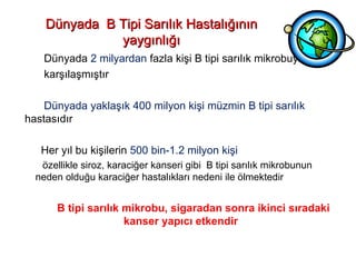 Dünyada  B Tipi Sarılık Hastalığının yaygınlığı Dünyada  2 milyardan  fazla kişi B tipi sarılık mikrobuyla  karşılaşmıştır Dünyada yaklaşık 400 milyon kişi müzmin B tipi sarılık  hastasıdır  Her yıl bu kişilerin  500 bin-1.2 milyon kişi  özellikle siroz, karaciğer kanseri gibi  B tipi sarılık mikrobunun neden olduğu karaciğer hastalıkları nedeni ile ölmektedir B tipi sarılık mikrobu, sigaradan sonra ikinci sıradaki kanser yapıcı etkendir 