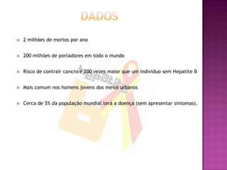 		prevençãoVigilância e participação dos casos;Usar luvas no manuseamento de sangue e outros produtos orgânicos;Certificar se os objectos que são usados para fazer “piercings” , tatuagens, no barbeiro , ou no dentista  estão limpos (desinfectados);Evitar partilhar objectos pessoais - escovas de dentes, brincos;Usar preservativos quando tem relações sexuais; Evitar drogas ilícitas. Se continuar a injectar-se com drogas ilícitas, nunca partilhe agulhas ou seringas.