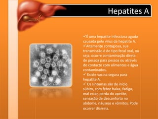 Hepatites A
É uma hepatite infecciosa aguda
causada pelo vírus da hepatite A.
Altamente contagiosa, sua
transmissão é do tipo fecal oral, ou
seja, ocorre contaminação direta
de pessoa para pessoa ou através
do contacto com alimentos e água
contaminados.
 Existe vacina segura para
hepatite A.
 Os sintomas são de início
súbito, com febre baixa, fadiga,
mal estar, perda do apetite,
sensação de desconforto no
abdome, náuseas e vômitos. Pode
ocorrer diarreia.
 