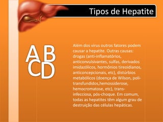 Tipos de Hepatite
Além dos virus outros fatores podem
causar a hepatite. Outras causas:
drogas (anti-inflamatórios,
anticonvulsivantes, sulfas, derivados
imidazólicos, hormônios tireoidianos,
anticoncepcionais, etc), distúrbios
metabólicos (doença de Wilson, poli-
transfundidos,hemossiderose,
hemocromatose, etc), trans-
infecciosa, pós-choque. Em comum,
todas as hepatites têm algum grau de
destruição das células hepáticas.
 