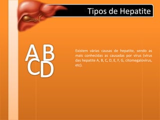 Tipos de HepatiteABExistem várias causas de hepatite, sendo as mais conhecidas as causadas por vírus (vírus das hepatite A, B, C, D, E, F, G, citomegalovírus, etc).CD