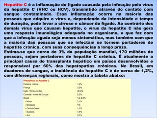 Hepatite C  é a inflamação do fígado causada pela infecção pelo vírus da hepatite C (VHC ou HCV), transmitido através do contato com sangue contaminado. Essa inflamação ocorre na maioria das pessoas que adquire o vírus e, dependendo da intensidade e tempo de duração, pode levar a cirrose e câncer do fígado. Ao contrário dos demais vírus que causam hepatite, o vírus da hepatite C não gera uma resposta imunológica adequada no organismo, o que faz com que a infecção aguda seja menos sintomática, mas também com que a maioria das pessoas que se infectam se tornem portadores de hepatite crônica, com suas consequências a longo prazo. Estima-se que cerca de 3% da população mundial, 170 milhões de pessoas, sejam portadores de hepatite C crônica. É atualmente a principal causa de transplante hepático em países desenvolvidos e responsável por 60% das hepatopatias crônicas. No Brasil, em doadores de sangue, a incidência da hepatite C é de cerca de 1,2%, com diferenças regionais, como mostra a tabela abaixo: Prevalência da hepatite C Estados Unidos 1,4% França 3,0% Egito / África do Sul 30,0% Canadá / Norte da Europa 0,3% Brasil 1,2-2,0%     - Norte 2,1%     - Nordeste 1%     - Centro-Oeste 1,2%     - Sudeste 1,4%     - Sul 0,7% 