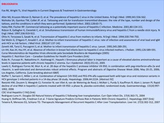 BIBLIOGRAFIA   Fox RK, Wright TL, Viral Hepatitis in Current Diagnosis & Treatment in Gastroenterology    Alter MJ, Kruszon-Moran D, Nainan O, et al. The prevalence of hepatitis C virus in the United States. N Engl J Med. 1999;341:556-562.  Nishioka SA, Gyorkos TW, Collet JP, et al. Tattooing and risk for transfusion transmitted diseases: the role of the type, number and design of the tattoos, and the conditions in which they were performed. Epidemiol Infect. 2002;128:63-71.  Haley RW, Fischer RP. Commercial tattooing as a potentially important source of hepatitis C infection. Medicine. 2001;80:134-151.  Ridzon R, Gallagher K, Ciesielski C, et al. Simultaneous transmission of human immunodeficiency virus and hepatitis C from a needle stick injury. N Engl J Med. 1997;336:919-922.  Ohto H, Terazawa S, Sasaki N, et al.  Transmission of hepatitis C virus from mothers to infants. N Engl J Med. 1994;330:744-750.  Dal Molin G, D'Agaro P, Ansaldi F, et al. Mother-to-infant transmission of hepatitis C virus: rate of infection and assessment of viral load and IgM anti-HCV as risk factors. J Med Virol. 2002;67:137-142.  Zanetti AR, Tanzi E, Paccagnini S, et al.  Mother to infant transmission of hepatitis C virus. Lancet. 1995;345:289-291.  Lin HH, Kao JH, Hsu HY, et al. Absence of infection in breast fed infants born to hepatitis C virus infected mothers.  J Pediatr. 1995;126:589-591.  Curso Monotemático de Hepatites Virais oferecido pela Sociedade Brasileira de Hepatologia (2005)  Hepatitis C: Nutrition Care -- Canadian Guidelines for Health Care Providers (link)  Kubo N ; Furusyo N ; Nakashima H ; Kashiwagi K ; Hayashi J Strenuous physical labor is important as a cause of elevated alanine aminotransferase levels in Japanese patients with chronic hepatitis C viremia. Eur J Epidemiol. 20(3):251-61, 2005  Lawitz E, Rodriguez-Torres M, Muir A, et al. 28 days of the hepatitis C protease inhibitor VX-950, in combination with peg-interferon-alfa-2a and ribavirin, is well-tolerated and demonstrates robust antiviral effects. Program and abstracts of Digestive Disease Week 2006; May 20-25, 2006; Los Angeles, California. [Late-breaking abstract 686f]  Kieffer T, Sarrazin C, Miller J, et al. Combination of telaprevir (VX-950) and PEG-IFN-alfa suppressed both wild-type virus and resistance variants in HCV genotype 1-infected patients in a 14-day phase 1B study. Hepatology. 2006;44:222A. [Abstract 92]  Reesink HW; Zeuzem S; Weegink CJ; Forestier N; van Vliet A; van de Wetering de Rooij J; McNair L; Purdy S; Kauffman R; Alam J; Jansen PL Rapid decline of viral RNA in hepatitis C patients treated with VX-950: a phase Ib, placebo-controlled, randomized study. Gastroenterology. 131(4):997-1002, 2006  CDC Viral Hepatitis C FAQ (link)  Rodriguez-Luna H ; Douglas DD Natural history of hepatitis C following liver transplantation. Curr Opin Infect Dis. 17(4):363-71, 2004  Huang H, Shiffman ML, Friedman S et al. 7-Gene Signature Predicts Cirrhosis Risk in Patients With Chronic Hepatitis C. Hepatology 2007 (link)  Teixeira R, Menezes EG, Schiano TD.  Therapeutic Management of Recurrent Hepatitis C After Liver Transplantation.  Liver Int. 27(3):302-312, 2007  