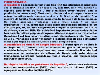 FISIOPATOLOGIA A hepatite C  é causada por um vírus tipo RNA (as informações genéticas são codificadas em RNA - no hospedeiro, este RNA em forma de fita + é copiado para forma de fita -, que é utilizado como "molde" para a produção de novos vírus). Ele é muito diferente dos vírus que causam as outras hepatites mais comuns, a A e a B. O vírus da hepatite C é membro da família Flaviviridae, a mesma da dengue e da febre amarela. Há vários genótipos (variações) deste vírus, sendo 6 as mais importantes (1 a 6), sendo que estes estão subdivididos em mais de 50 subtipos (1a, 1b, 2a, etc). Os genótipos chegam a apresentar 30 a 50% de diferença no seu RNA. Esta divisão é importante porque cada subtipo tem características próprias de agressividade e resposta ao tratamento. Genótipos 1 e 4 tem maior resistência ao tratamento com interferon que os 2 e 3. Variações podem "enganar" o sistema imunológico e dificultar muito a produção de vacinas, entre outras complicações. A quantidade de vírus C no sangue infectado  é menor que os de vírus B na hepatite B. Também não se observa antígenos no sangue, ao contrário da hepatite B. Suspeita-se que, como na hepatite B, o principal mecanismo de destruição de células do fígado seja pelo sistema imunológico do próprio hospedeiro, mas é provável que também haja destruição pelo vírus.   Na biópsia hepática de portadores de hepatite C , observa-se esteatose micro ou macrovesicular (50%), dano em ductos biliares (60%) e agregados ou folículos linfóides (60%). 