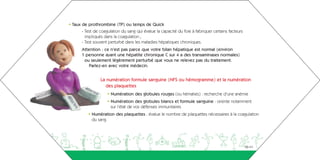 • Taux de prothrombine (TP) ou temps de Quick
       - Test de coagulation du sang qui évalue la capacité du foie à fabriquer certains facteurs
         impliqués dans la coagulation ;
       - Test souvent perturbé dans les maladies hépatiques chroniques.
       Attention : ce n’est pas parce que votre bilan hépatique est normal (environ
       1 personne ayant une hépatite chronique C sur 4 a des transaminases normales)
        ou seulement légèrement perturbé que vous ne relevez pas du traitement.
          Parlez-en avec votre médecin.


                 La numération formule sanguine (NFS ou hémogramme) et la numération
                   des plaquettes
                     • Numération des globules rouges (ou hématies) : recherche d’une anémie
                     • Numération des globules blancs et formule sanguine : oriente notamment
                       sur l’état de vos défenses immunitaires
          • Numération des plaquettes : évalue le nombre de plaquettes nécessaires à la coagulation
            du sang.




aeguighkopdjakdh                                                                                    10-11
 