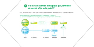 4     Y-a-t-il un examen biologique qui permette
               de savoir si je suis guéri ?
Oui, la prise de sang 6 mois après l’arrêt de votre traitement va servir à cela (cf schéma ci-dessous).

Quand obtient-on la réponse pour savoir si le traitement a marché ?
Le calendrier est différent selon le génotype du virus responsable de l’infection.



   Génotypes          Évaluation      Poursuite                Arrêt du
                                                                                Évaluation
                                                              traitement
     1 ou 4
                                                                                 Réponse
   Génotypes                                   Arrêt du
                                              traitement      Évaluation
     2 ou 3
                                                               Réponse

       Début          12 semaines            24 semaines      48 semaines       72 semaines
 