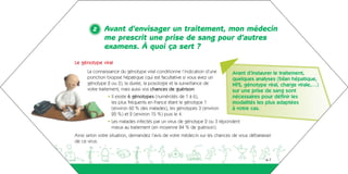 2     Avant d’envisager un traitement, mon médecin
               me prescrit une prise de sang pour d’autres
               examens. À quoi ça sert ?
 Le génotype viral
       La connaissance du génotype viral conditionne l’indication d’une       Avant d’instaurer le traitement,
       ponction biopsie hépatique (qui est facultative si vous avez un        quelques analyses (bilan hépatique,
       génotype 2 ou 3), la durée, la posologie et la surveillance de         NFS, génotype viral, charge virale,…)
       votre traitement, mais aussi vos chances de guérison                   sur une prise de sang sont
                 • Il existe 6 génotypes (numérotés de 1 à 6),                nécessaires pour définir les
                   les plus fréquents en France étant le génotype 1           modalités les plus adaptées
                   (environ 60 % des malades), les génotypes 3 (environ       à votre cas.
                   20 %) et 2 (environ 15 %) puis le 4.
                 • Les malades infectés par un virus de génotype 2 ou 3 répondent
                   mieux au traitement (en moyenne 84 % de guérison).
 Ainsi selon votre situation, demandez l’avis de votre médecin sur les chances de vous débarasser
 de ce virus.


aeguighkopdjakdh                                                                              6-7
 