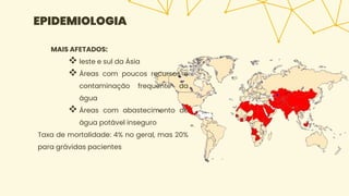 EPIDEMIOLOGIA
MAIS AFETADOS:
 leste e sul da Ásia
 Áreas com poucos recursos e
contaminação frequente da
água
 Áreas com abastecimento de
água potável inseguro
Taxa de mortalidade: 4% no geral, mas 20%
para grávidas pacientes
 
