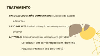 TRATAMENTO
CASOS AGUDOS E NÃO COMPLICADOS: cuidados de suporte
suficientes
CASOS GRAVES: Reduzir a terapia imunossupressora, se
possível.
ANTIVIRAIS: Ribavirina (contra-indicado em gravidez)
Sofosbuvir: em combinação com ribavirina
Peguilado interferon alfa (PEG-IFN-α)
 
