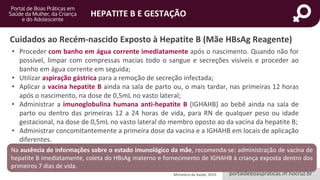 portaldeboaspraticas.iff.fiocruz.br
HEPATITE B E GESTAÇÃO
Cuidados ao Recém-nascido Exposto à Hepatite B (Mãe HBsAg Reagente)
• Proceder com banho em água corrente imediatamente após o nascimento. Quando não for
possível, limpar com compressas macias todo o sangue e secreções visíveis e proceder ao
banho em água corrente em seguida;
• Utilizar aspiração gástrica para a remoção de secreção infectada;
• Aplicar a vacina hepatite B ainda na sala de parto ou, o mais tardar, nas primeiras 12 horas
após o nascimento, na dose de 0,5mL no vasto lateral;
• Administrar a imunoglobulina humana anti-hepatite B (IGHAHB) ao bebê ainda na sala de
parto ou dentro das primeiras 12 a 24 horas de vida, para RN de qualquer peso ou idade
gestacional, na dose de 0,5mL no vasto lateral do membro oposto ao da vacina da hepatite B;
• Administrar concomitantemente a primeira dose da vacina e a IGHAHB em locais de aplicação
diferentes.
Ministério da Saúde, 2019.
Na ausência de informações sobre o estado imunológico da mãe, recomenda-se: administração de vacina de
hepatite B imediatamente, coleta do HBsAg materno e fornecimento de IGHAHB à criança exposta dentro dos
primeiros 7 dias de vida.
 
