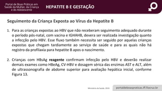 portaldeboaspraticas.iff.fiocruz.br
HEPATITE B E GESTAÇÃO
Seguimento da Criança Exposta ao Vírus da Hepatite B
1. Para as crianças expostas ao HBV que não receberam seguimento adequado durante
o período pós-natal, com vacina e IGHAHB, devera ser realizada investigação quanto
a infecção pelo HBV. Esse fluxo também necessita ser seguido por aquelas crianças
expostas que chegam tardiamente ao serviço de saúde e para as quais não há
registro da profilaxia para hepatite B apos o nascimento.
2. Crianças com HBsAg reagente confirmam infecção pelo HBV e deverão realizar
demais exames como HBeAg, CV-HBV e dosagem sérica das enzimas AST e ALT, além
de ultrassonografia de abdome superior para avaliação hepática inicial, conforme
Figura 13.
Ministério da Saúde, 2019.
 