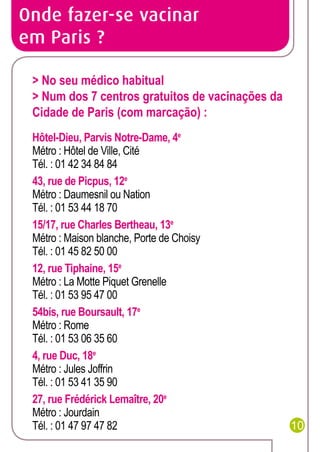 Onde fazer-se vacinar
em Paris ?
> No seu médico habitual
> Num dos 7 centros gratuitos de vacinações da
Cidade de Paris (com marcação) :
Hôtel-Dieu, Parvis Notre-Dame, 4e
Métro : Hôtel de Ville, Cité
Tél. : 01 42 34 84 84
43, rue de Picpus, 12e
Métro : Daumesnil ou Nation
Tél. : 01 53 44 18 70
15/17, rue Charles Bertheau, 13e
Métro : Maison blanche, Porte de Choisy
Tél. : 01 45 82 50 00
12, rue Tiphaine, 15e
Métro : La Motte Piquet Grenelle
Tél. : 01 53 95 47 00
54bis, rue Boursault, 17e
Métro : Rome
Tél. : 01 53 06 35 60
4, rue Duc, 18e
Métro : Jules Joffrin
Tél. : 01 53 41 35 90
27, rue Frédérick Lemaître, 20e
Métro : Jourdain
Tél. : 01 47 97 47 82

10

 