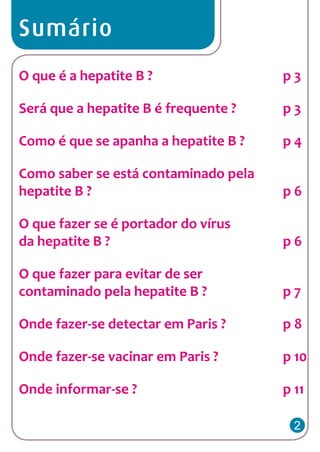 Sumário
O que é a hepatite B ?

p3

Será que a hepatite B é frequente ?

p3

Como é que se apanha a hepatite B ?

p4

Como saber se está contaminado pela
hepatite B ?

p6

O que fazer se é portador do vírus
da hepatite B ?

p6

O que fazer para evitar de ser
contaminado pela hepatite B ?

p7

Onde fazer-se detectar em Paris ?

p8

Onde fazer-se vacinar em Paris ?

p 10

Onde informar-se ?

p 11
2

 