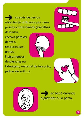  através de certos uma
objectos já utilizados por
pessoa contaminada (navalhas
de barba,
escova para os
dentes,
tesouras das
unhas,
instrumentos
de piercing ou
tatuagem, material de injecção,
palhas de snif…)

 ao bebéodurante
a gravidez ou parto.
5

 