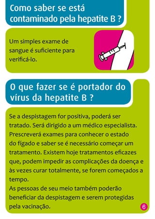 Como saber se está
contaminado pela hepatite B ?
Um simples exame de
sangue é suficiente para
verificá-lo.

O que fazer se é portador do
vírus da hepatite B ?
Se a despistagem for positiva, poderá ser
tratado. Será dirigido a um médico especialista.
Prescreverá exames para conhecer o estado
do fígado e saber se é necessário começar um
tratamento. Existem hoje tratamentos eficazes
que, podem impedir as complicações da doença e
às vezes curar totalmente, se forem começados a
tempo.
As pessoas de seu meio também poderão
beneficiar da despistagem e serem protegidas
pela vacinação.
6

 