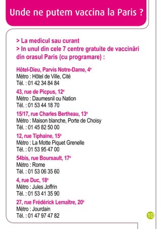 Unde ne putem vaccina la Paris ?
> La medicul sau curant
> In unul din cele 7 centre gratuite de vaccinări
din orasul Pari...