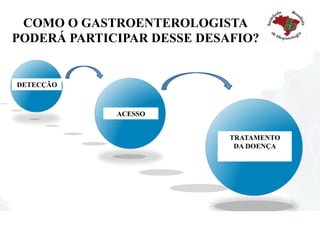 COMO O GASTROENTEROLOGISTA
PODERÁ PARTICIPAR DESSE DESAFIO?
DETECÇÃO
ACESSO
TRATAMENTO
DA DOENÇA
 
