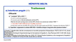 Claude EUGÈNE
HÉPATITE DELTA
Traitement


a) Interféron pegylé (3/3)


- Efficacité


a) " modeste" 20% à 25%" 1)


. 23 à 48 % à la fin du traitement.
 
. 24 semaines après la fin du traitement, environ 25%


. Mais lors du suivi au long cours environ 50% d'entre eux auront une rechute VHD 2) 3)


=> Surveiller l'ARN VHD tant que l'Ag HBs est présent


(à long terme, perte de l'Ag HBs chez environ 10% des sujets traités par IFN PEG: "marqueur fin infection VHD") 3)


b) Cependant: suppression ou baisse ARN VHD => bénéfice clinique à long terme dans plusieurs études 2)


..................................................................................................................................................................................................................................................................


1) Asselah T. Hépatite delta: état des connaissances et nouvelles perspectives thérapeutiques. POST'U 2021:97-103. (Accès
libre sur internet).


2) Sandmann L, Cornberg M. Experimental drugs for the treatment of hepatitis D. J Exp Pharmacol 2021;13:461-468. (Accès
libre sur internet).


3) European Association for the Study of the Liver. EASL 2017 Clinical Practice Guidelines on the management of hepatitis B
virus infection. J Hepatol 2017;67(2):370-398. (Accès libre sur internet).
22
 