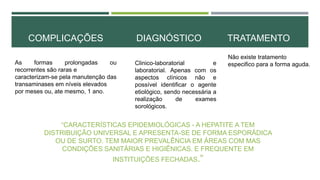 COMPLICAÇÕES

DIAGNÓSTICO

As
formas
prolongadas
ou
recorrentes são raras e
caracterizam-se pela manutenção das
COMPLICAÇÕES
transaminases em níveis elevados
por meses ou, ate mesmo, 1 ano.

Clinico-laboratorial
e
laboratorial. Apenas com os
aspectos clínicos não e
possível identificar o agente
etiológico, sendo necessária a
realização
de
exames
sorológicos.

TRATAMENTO
Não existe tratamento
especifico para a forma aguda.

“CARACTERÍSTICAS EPIDEMIOLÓGICAS - A HEPATITE A TEM
DISTRIBUIÇÃO UNIVERSAL E APRESENTA-SE DE FORMA ESPORÁDICA
OU DE SURTO. TEM MAIOR PREVALÊNCIA EM ÁREAS COM MAS
CONDIÇÕES SANITÁRIAS E HIGIÊNICAS. E FREQUENTE EM

INSTITUIÇÕES FECHADAS.”

 
