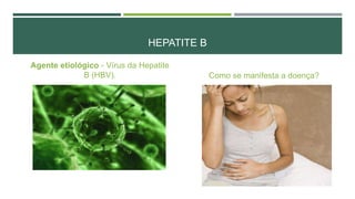 HEPATITE B
Agente etiológico - Vírus da Hepatite
B (HBV).

Como se manifesta a doença?

 