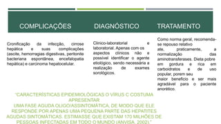 COMPLICAÇÕES
Cronificação
da
infecção,
cirrose
hepática
e
suas
complicações
(ascite, hemorragias digestivas, peritonite
COMPLICAÇÕES
bacteriana espontânea, encefalopatia
hepática) e carcinoma hepatocelular.

DIAGNÓSTICO
Clinico-laboratorial
e
laboratorial. Apenas com os
aspectos clínicos não e
possível identificar o agente
etiológico, sendo necessária a
realização
de
exames
sorológicos.

TRATAMENTO
Como norma geral, recomendase repouso relativo
ate,
praticamente,
a
normalização
das
aminotransferases. Dieta pobre
em gordura e rica em
carboidratos
e
de
uso
popular, porem seu
maior beneficio e ser mais
agradável para o paciente
anorético.

“CARACTERÍSTICAS EPIDEMIOLÓGICAS O VÍRUS C COSTUMA
APRESENTAR
UMA FASE AGUDA OLIGO/ASSINTOMÁTICA, DE MODO QUE ELE
RESPONDE POR APENAS UMA PEQUENA PARTE DAS HEPATITES
AGUDAS SINTOMÁTICAS. ESTIMASSE QUE EXISTAM 170 MILHÕES DE
PESSOAS INFECTADAS EM TODO O MUNDO (ANVISA, 2002).”

 