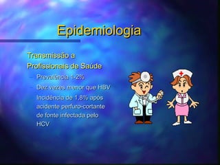 EpidemiologiaEpidemiologia
Transmissão aTransmissão a
Profissionais de SaúdeProfissionais de Saúde
– Prevalência 1-2%Prevalência 1-2%
– Dez vezes menor que HBVDez vezes menor que HBV
– Incidência de 1,8% apósIncidência de 1,8% após
acidente perfuro-cortanteacidente perfuro-cortante
de fonte infectada pelode fonte infectada pelo
HCVHCV
 