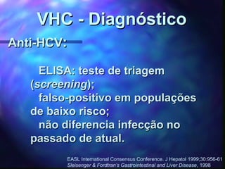 Anti-HCVAnti-HCV::
ELISA: teste de triagemELISA: teste de triagem
((screeningscreening););
falso-positivo em populaçõesfalso-positivo em populações
de baixo risco;de baixo risco;
não diferencia infecção nonão diferencia infecção no
passado de atual.passado de atual.
VHC - DiagnósticoVHC - Diagnóstico
EASL International Consensus Conference. J Hepatol 1999;30:956-61
Sleisenger & Fordtran’s Gastrointestinal and Liver Disease, 1998
 