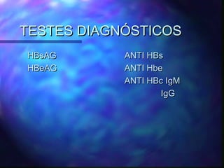TESTES DIAGNÓSTICOSTESTES DIAGNÓSTICOS
HBsAGHBsAG
HBeAGHBeAG
ANTI HBsANTI HBs
ANTI HbeANTI Hbe
ANTI HBc IgMANTI HBc IgM
IgGIgG
 