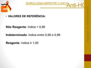 • VALORES DE REFERÊNCIA:
Não Reagente: índice < 0,90
Indeterminado: índice entre 0,90 e 0,99
Reagente: índice ≥ 1,00
Anti-HCV
.
DIAGNOSTICANDOASHEPATITES
SOROLOGIAHEPATITE C (HCV)
 