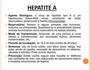 HEPATITE A
 Agente Etiológico: o vírus da hepatite tipo A é um
hepatovírus (hepa-RNA vírus), constituído de ácido
ribonucléico, pertencente à família Picornaviridae.
 Reservatório: homem e alguns primatas não humanos,
inclusive os chimpanzés. Questiona-se a possibilidade desses
animais funcionarem como reservatório no estado silvestre.
 Modo de Transmissão: fecal-oral, de uma pessoa a outra
(direta e indiretamente), por veiculação hídrica, alimentos
contaminados, etc.
 Período de Incubação: de 15 a 45 dias (média de 30 dias).
 Sintomas: são de início súbito, com febre baixa, fadiga, mal
estar, perda do apetite, sensação de desconforto no abdome,
náuseas e vômitos. Pode ocorrer diarréia.
 Prevenção: Existe vacina segura para hepatite A. Melhoria
das condições de vida, com adequação do saneamento básico
e medidas educacionais de higiene.
 