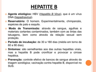 HEPATITE B
 Agente etiológico: HBV (Hepatitis B Virus), que é um vírus
DNA (hepadnavirus).
 Reservatório: O homem. Experimentalmente, chimpanzés,
espécies de pato e esquilo.
 Modo de Transmissão: através de sangue, agulhas e
materiais cortantes contaminados, também com as tintas das
tatuagens, bem como através da relação sexual sem
proteção.
 Período de incubação: de 30 a 180 dias (média em torno de
60 a 90 dias).
 Sintomas: são semelhantes aos das outras hepatites virais,
mas a hepatite B pode cronificar e provocar a cirrose
hepática.
 Prevenção: controle efetivo de bancos de sangue através da
triagem sorológica; vacinação contra hepatite B, disponível no
SUS.
 
