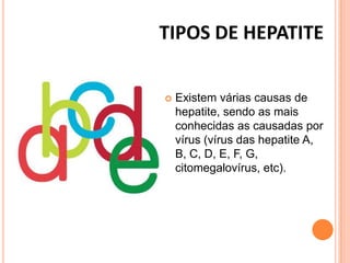 TIPOS DE HEPATITE
 Existem várias causas de
hepatite, sendo as mais
conhecidas as causadas por
vírus (vírus das hepatite A,
B, C, D, E, F, G,
citomegalovírus, etc).
 