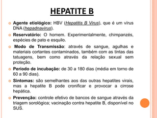 HEPATITE B
 Agente etiológico: HBV (Hepatitis B Virus), que é um vírus
DNA (hepadnavirus).
 Reservatório: O homem. Experimentalmente, chimpanzés,
espécies de pato e esquilo.
 Modo de Transmissão: através de sangue, agulhas e
materiais cortantes contaminados, também com as tintas das
tatuagens, bem como através da relação sexual sem
proteção.
 Período de incubação: de 30 a 180 dias (média em torno de
60 a 90 dias).
 Sintomas: são semelhantes aos das outras hepatites virais,
mas a hepatite B pode cronificar e provocar a cirrose
hepática.
 Prevenção: controle efetivo de bancos de sangue através da
triagem sorológica; vacinação contra hepatite B, disponível no
SUS.
 