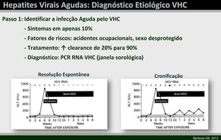 Passo 1: Identificar a infecção Aguda pelo VHC
- Sintomas em apenas 10%

- Fatores de riscos: acidentes ocupacionais, sexo desprotegido
- Tratamento: ↑ clearance de 20% para 90%
- Diagnóstico: PCR RNA VHC (janela sorológica)
Resolução Espontânea

Cronificação
+

Barbosa AN, 2013

 