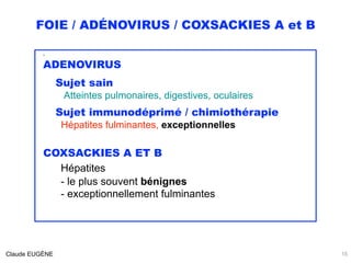 FOIE / ADÉNOVIRUS / COXSACKIES A et B
15Claude EUGÈNE
A
ADENOVIRUS
Sujet sain
Atteintes pulmonaires, digestives, oculaires...