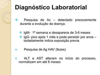 Diagnóstico Laboratorial
 Pesquisa de Ac – detectado precocemente
durante a evolução da doença.
 IgM- 1ª semana e desaparece de 3-6 meses
 IgG- pico após 1 mês e pode persistir por anos –
isoladamente indica exposição previa
 Pesquisa de Ag HAV (fezes)
 ALT e AST alteram no início do processo,
normalizam em até 6 meses
 