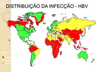 DISTRIBUIÇÃO DA INFECÇÃO - HBV
HBsAg Prevalence
8% - High
2-7% - Intermediate
<2% - Low
 