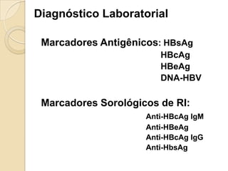 Diagnóstico Laboratorial
Marcadores Antigênicos: HBsAg
HBcAg
HBeAg
DNA-HBV
Marcadores Sorológicos de RI:
Anti-HBcAg IgM
Anti-HBeAg
Anti-HBcAg IgG
Anti-HbsAg
 