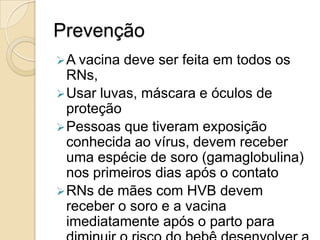 Prevenção
A vacina deve ser feita em todos os
RNs,
Usar luvas, máscara e óculos de
proteção
Pessoas que tiveram exposição
conhecida ao vírus, devem receber
uma espécie de soro (gamaglobulina)
nos primeiros dias após o contato
RNs de mães com HVB devem
receber o soro e a vacina
imediatamente após o parto para
 