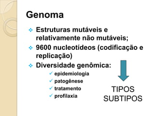 Genoma
 Estruturas mutáveis e
relativamente não mutáveis;
 9600 nucleotídeos (codificação e
replicação)
 Diversidade genômica:
 epidemiologia
 patogênese
 tratamento
 profilaxia
TIPOS
SUBTIPOS
 