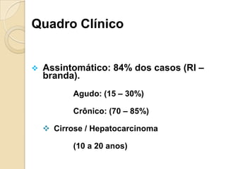 Quadro Clínico
 Assintomático: 84% dos casos (RI –
branda).
Agudo: (15 – 30%)
Crônico: (70 – 85%)
 Cirrose / Hepatocarcinoma
(10 a 20 anos)
 
