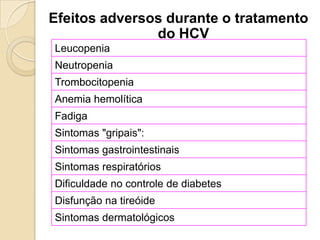 Efeitos adversos durante o tratamento
do HCV
Leucopenia
Neutropenia
Trombocitopenia
Anemia hemolítica
Fadiga
Sintomas "gripais":
Sintomas gastrointestinais
Sintomas respiratórios
Dificuldade no controle de diabetes
Disfunção na tireóide
Sintomas dermatológicos
 