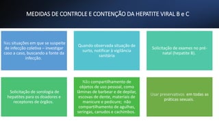 MEDIDAS DE CONTROLE E CONTENÇÃO DA HEPATITE VIRAL B e C
Nas situações em que se suspeite
de infecção coletiva – investigar
caso a caso, buscando a fonte da
infecção.
Quando observada situação de
surto, notificar à vigilância
sanitária
Solicitação de exames no pré-
natal (hepatite B).
Solicitação de sorologia de
hepatites para os doadores e
receptores de órgãos.
Não compartilhamento de
objetos de uso pessoal, como
lâminas de barbear e de depilar,
escovas de dente, materiais de
manicure e pedicure; não
compartilhamento de agulhas,
seringas, canudos e cachimbos.
Usar preservativos em todas as
práticas sexuais.
 